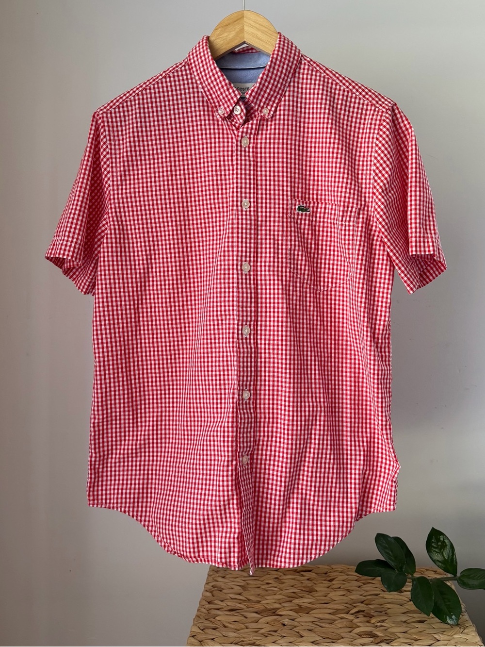 Men's LACOSTE Red White Gingham Check Short Sleeve Button Down Shirt Size Medium